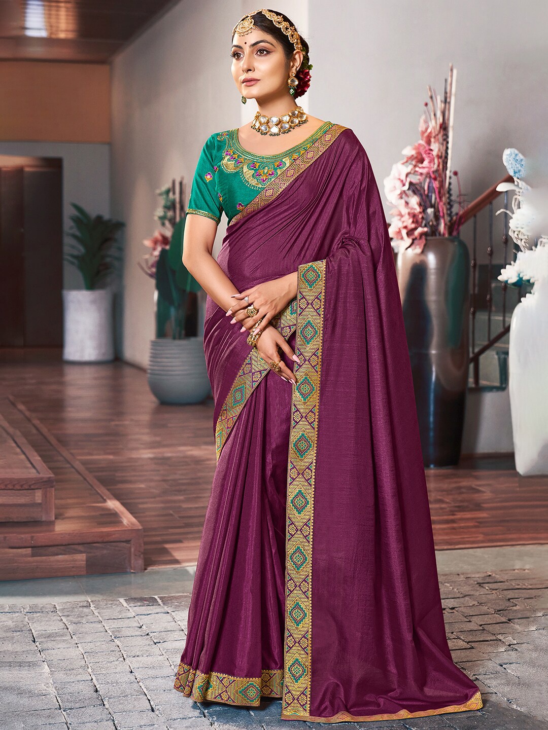 

Saree mall Woven Design Border Silk Blend Sarees, Purple