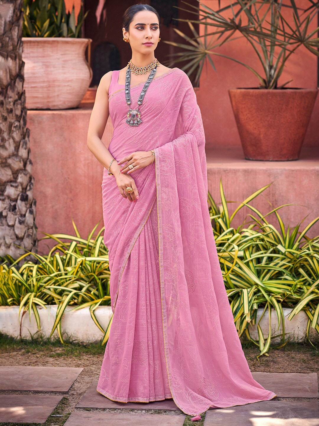 

Saree mall Floral Printed Beads And Stones Pure Georgette Sarees, Pink