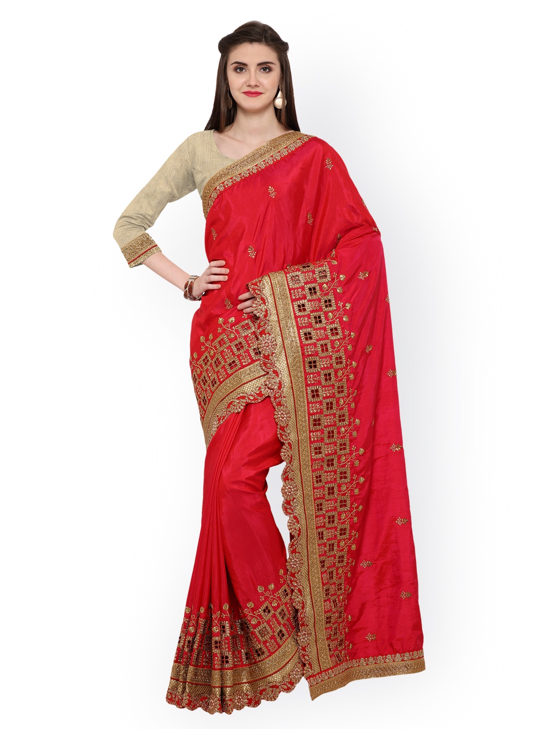 

Kalista Red Embroidered Pure Silk Saree