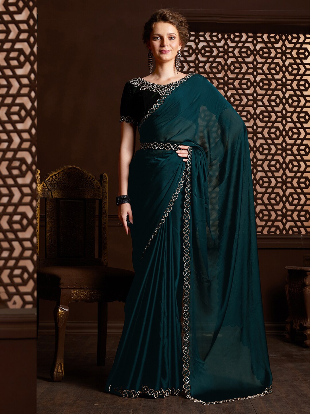 

Saree mall Sequin Embellished Poly Chiffon Saree, Teal