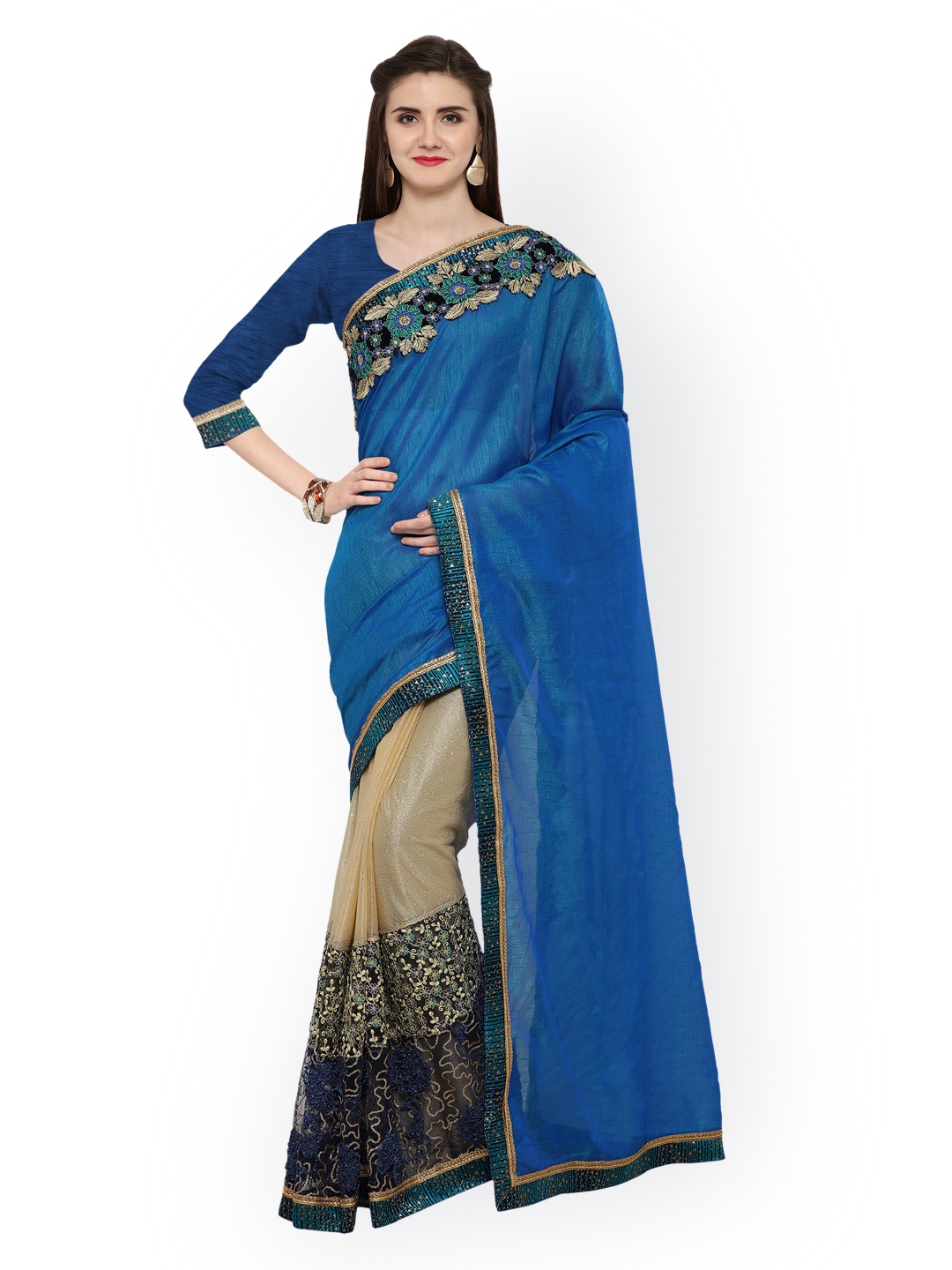 

Kalista Blue & Beige Polycotton Embroidered Saree