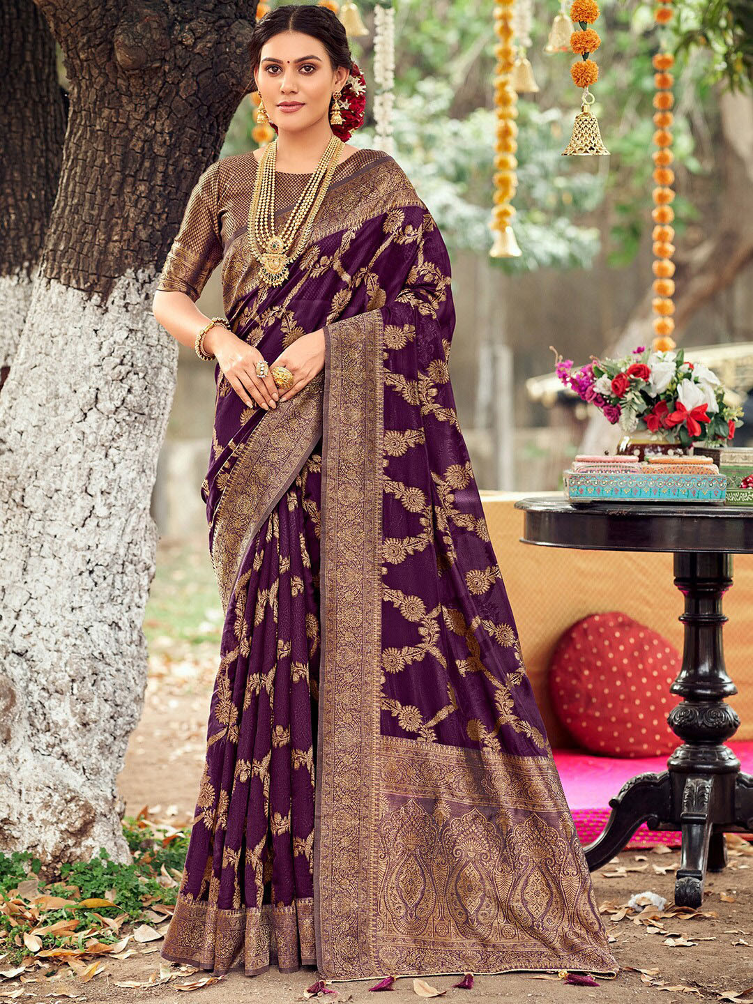 

Saree mall Ethnic Motifs Woven Design Zari Organza Banarasi Saree, Purple