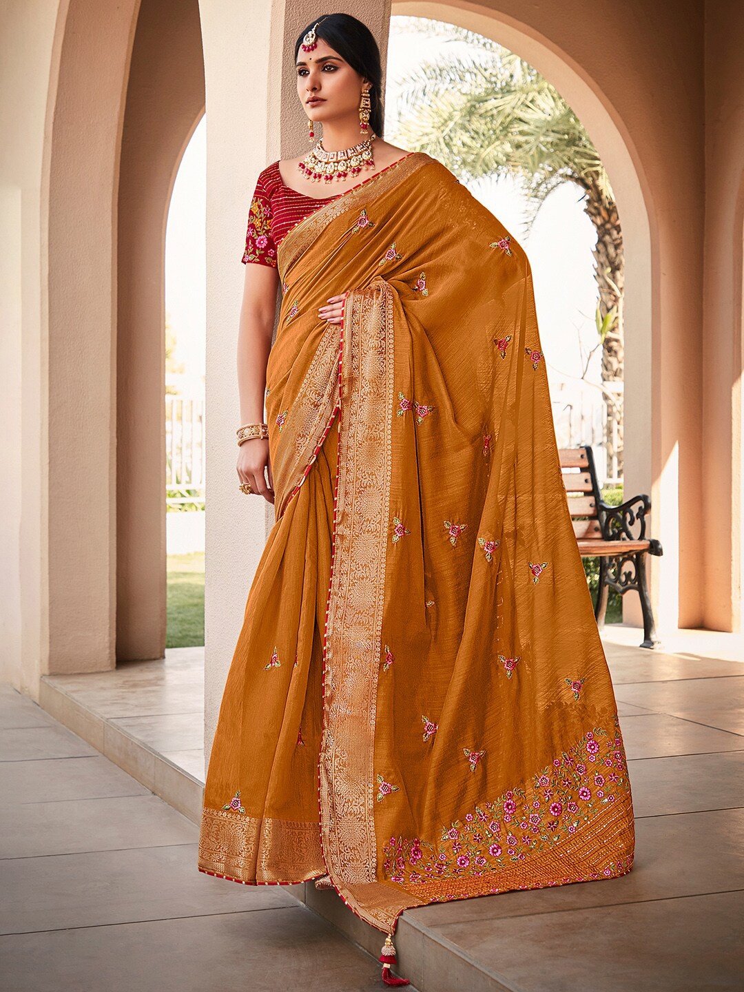 

Saree mall Ethnic Motifs Embroidered Zari Saree, Mustard