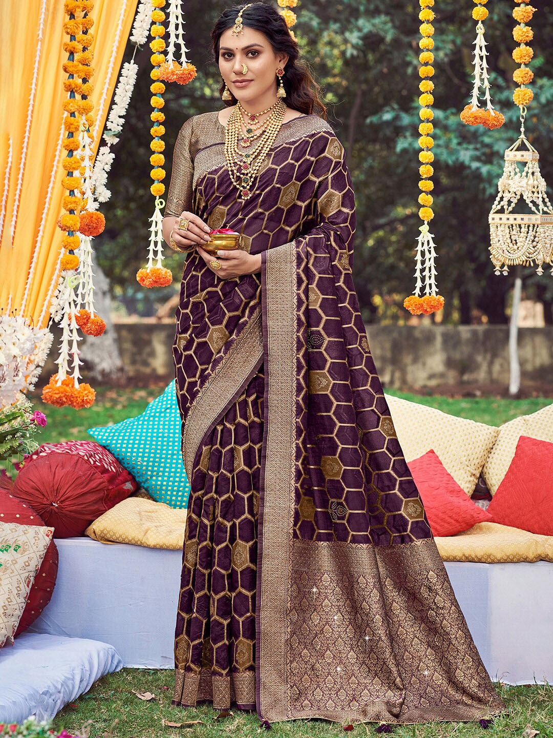 

Saree mall Ethnic Motifs Woven Design Zari Organza Banarasi Saree, Purple