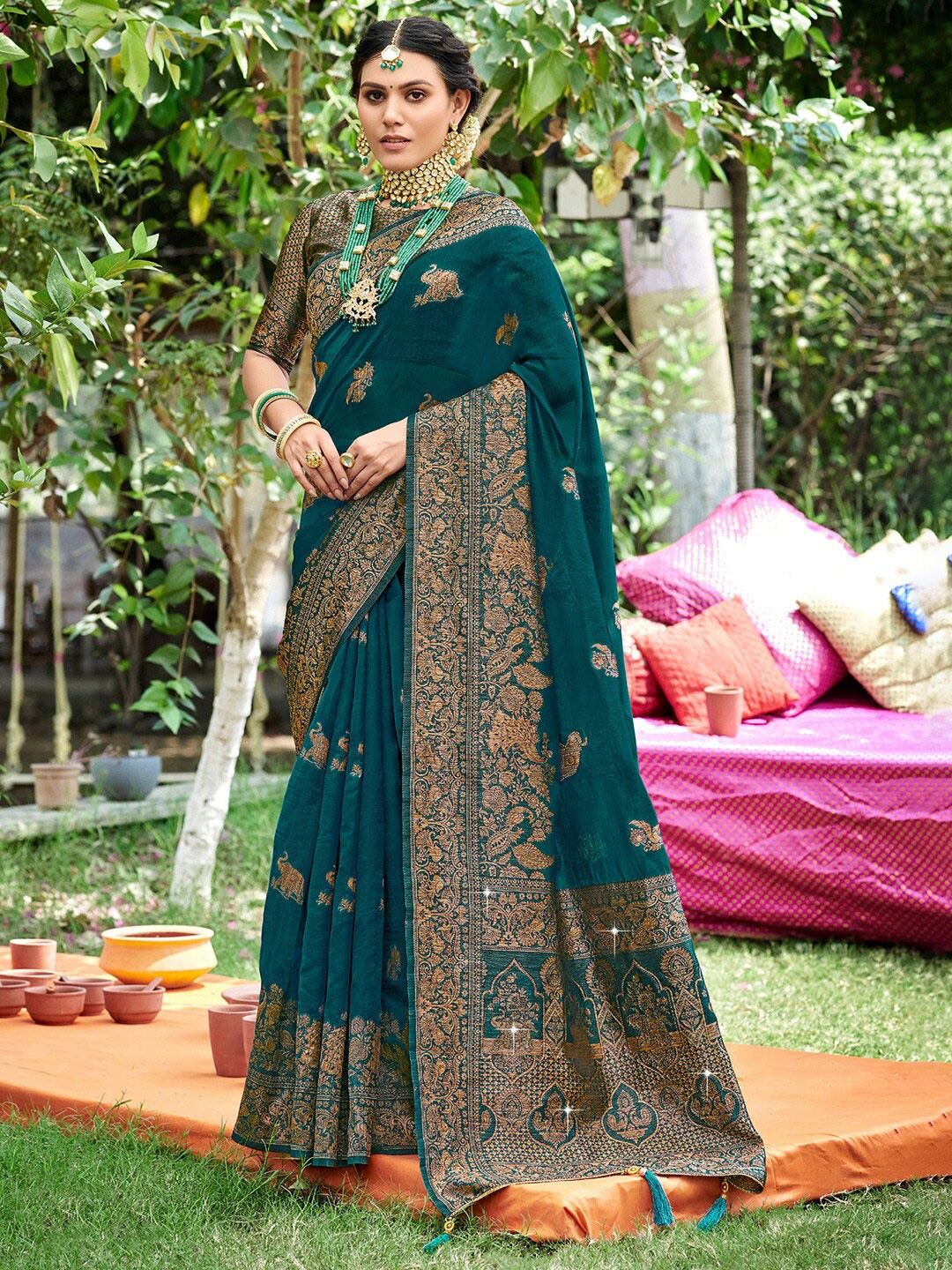 

Saree mall Ethnic Motifs Woven Design Zari Organza Banarasi Saree, Teal