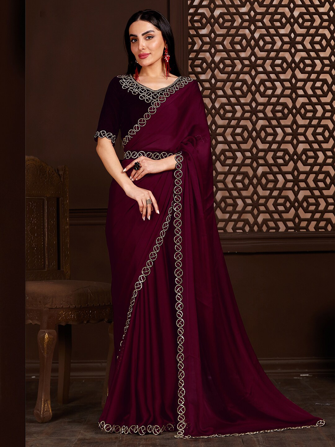 

Saree mall Beads and Stones Poly Chiffon Saree, Magenta