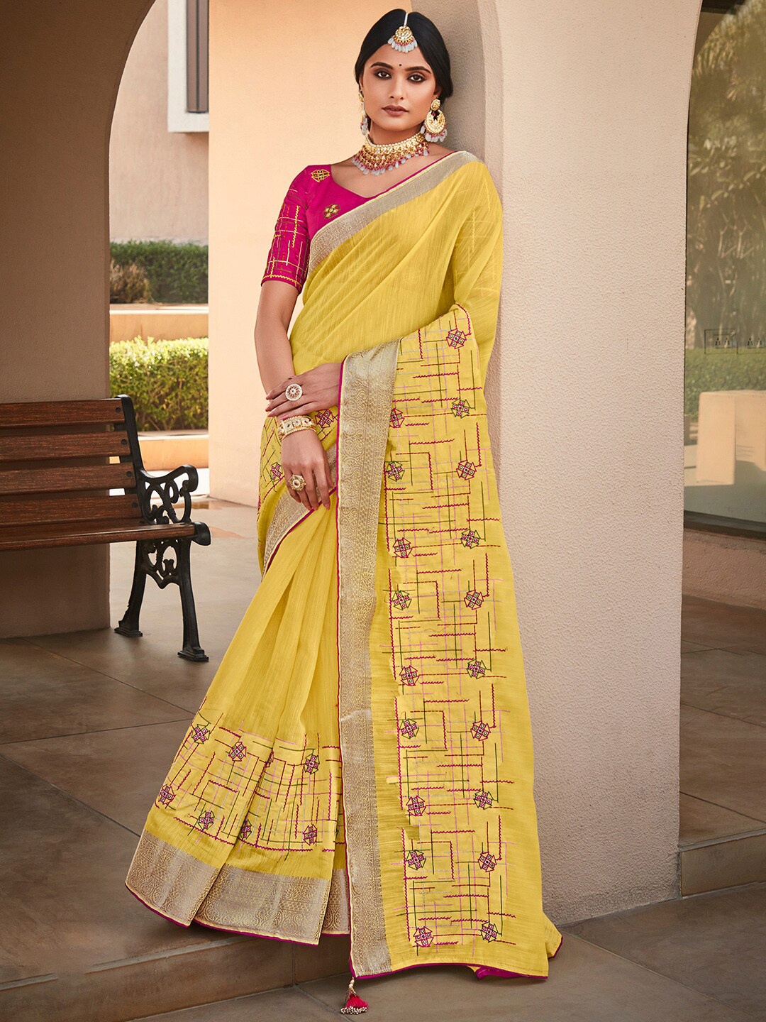 

Saree mall Ethnic Embroidered Zari Saree, Yellow