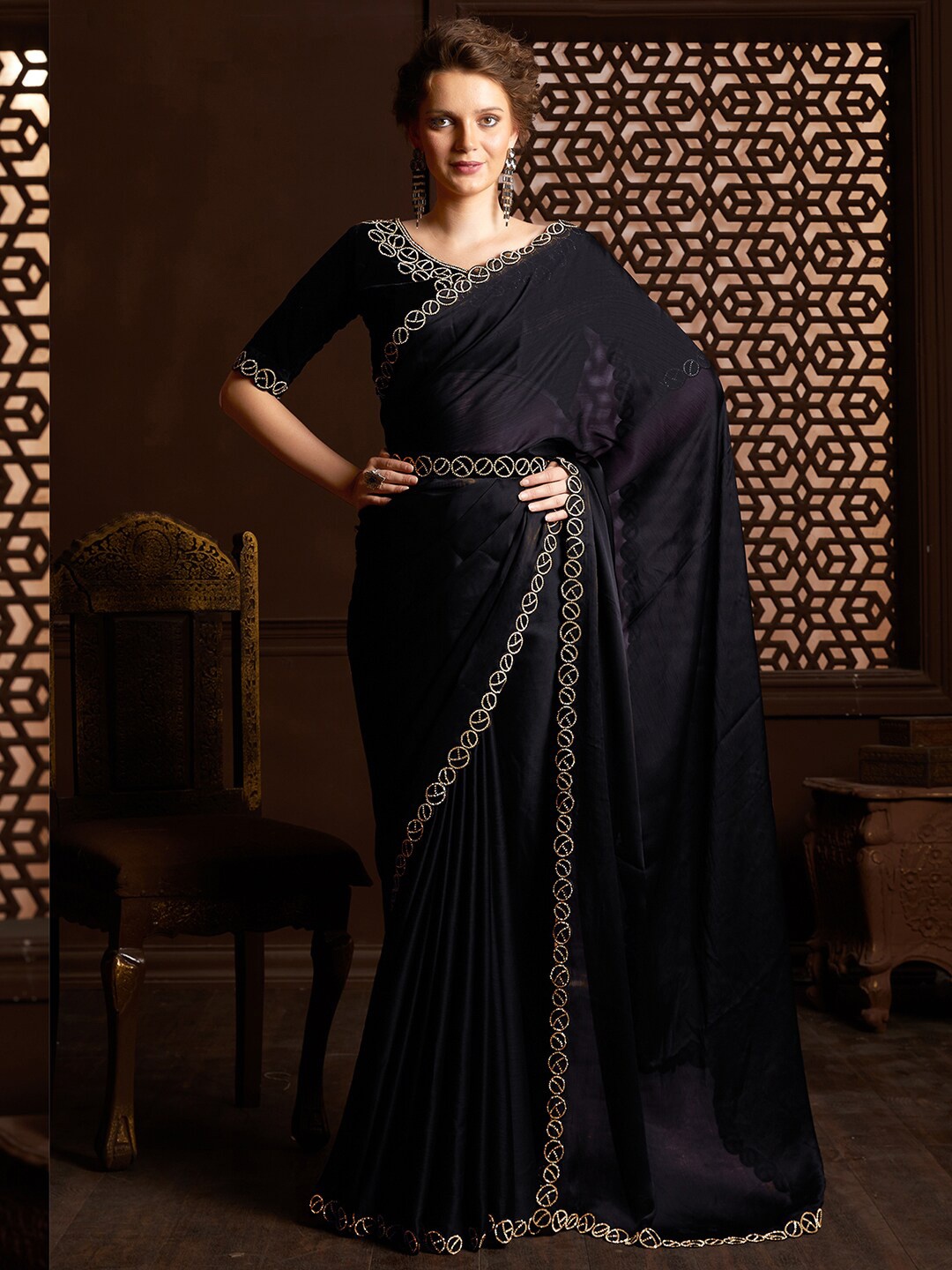 

Saree mall Beads and Stones Poly Chiffon Saree, Black