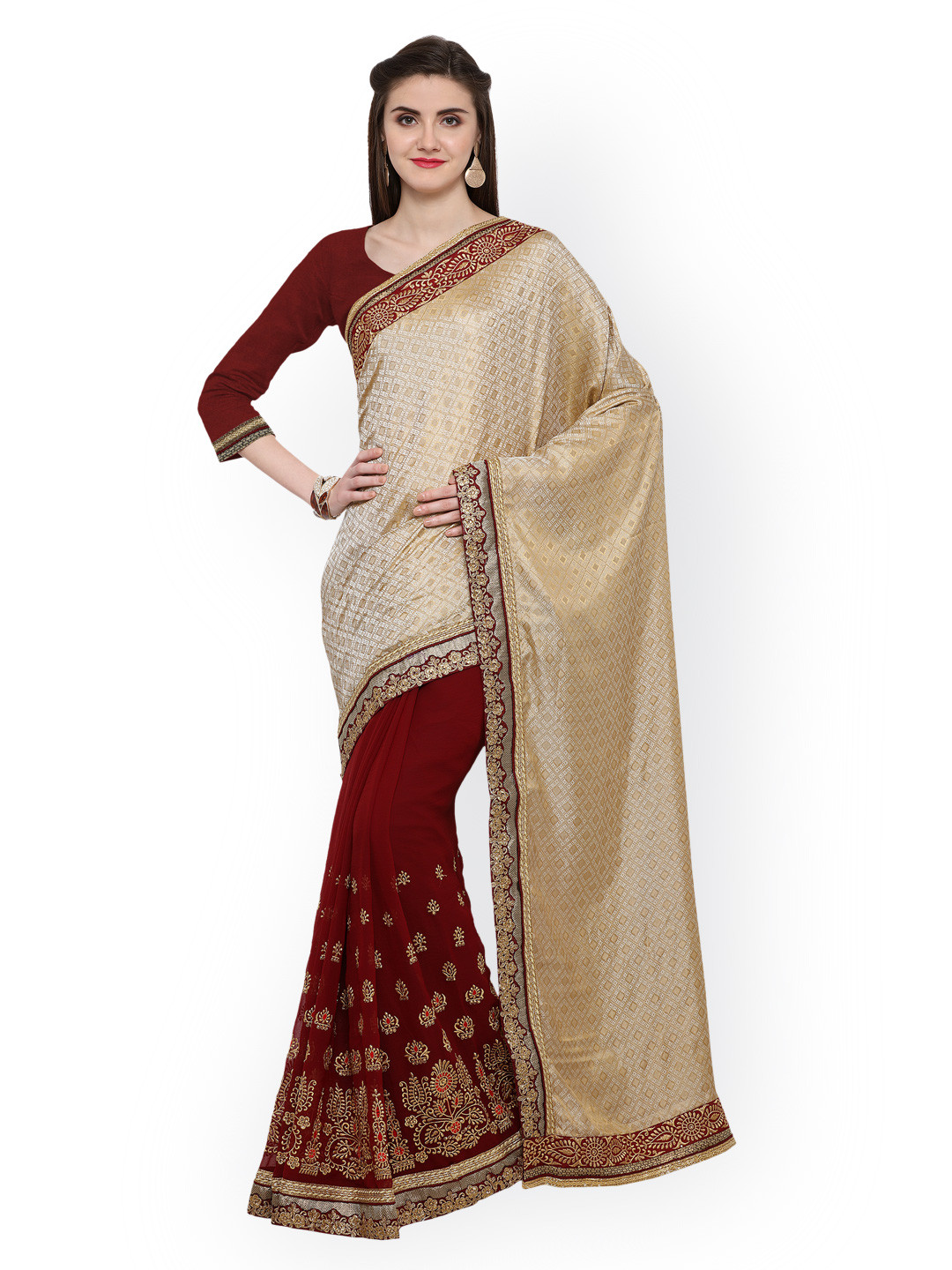 

Kalista Beige & Maroon Poly Chiffon Embroidered Saree
