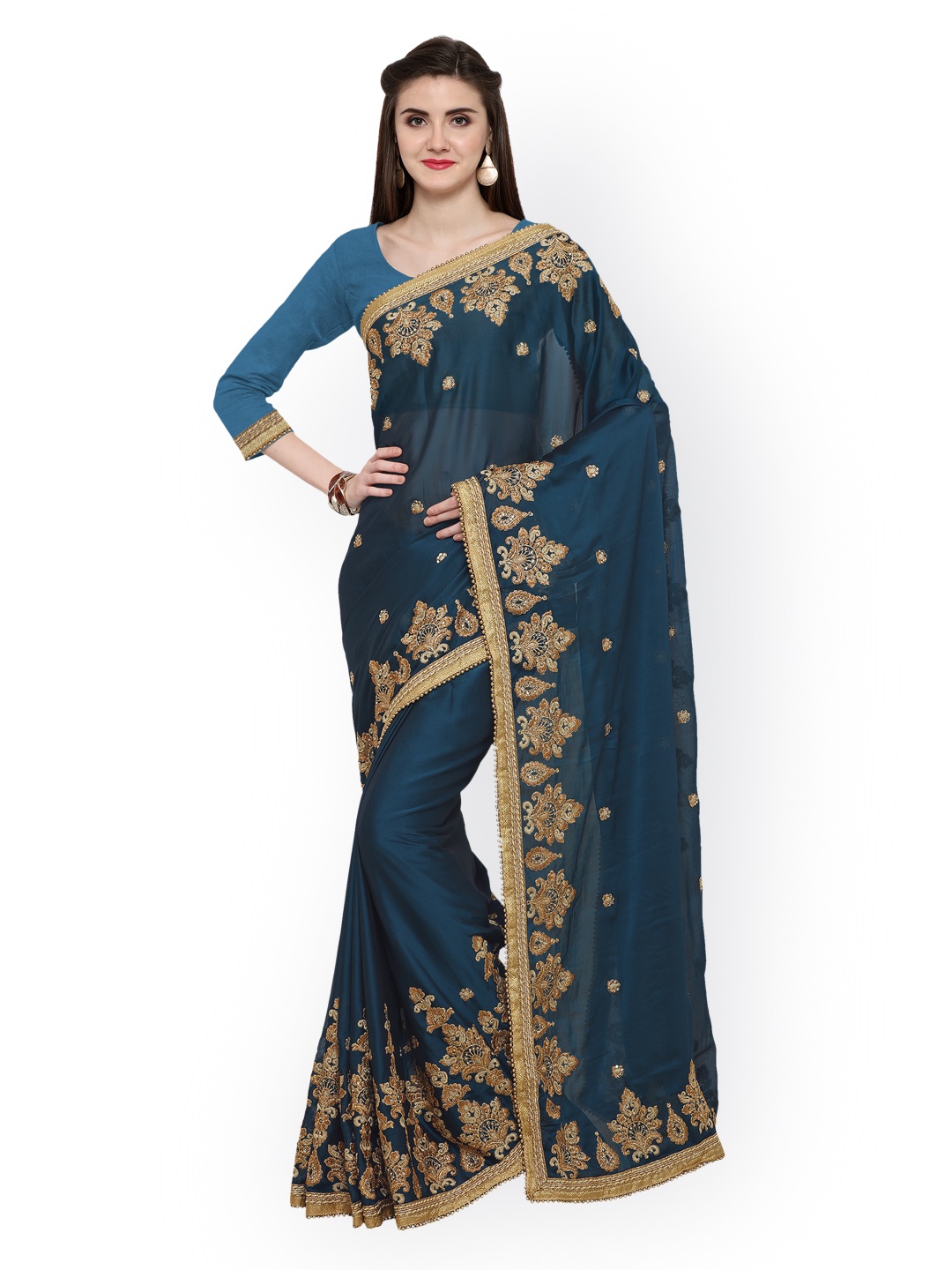 

Kalista Navy Blue Embroidered Pure Georgette Saree