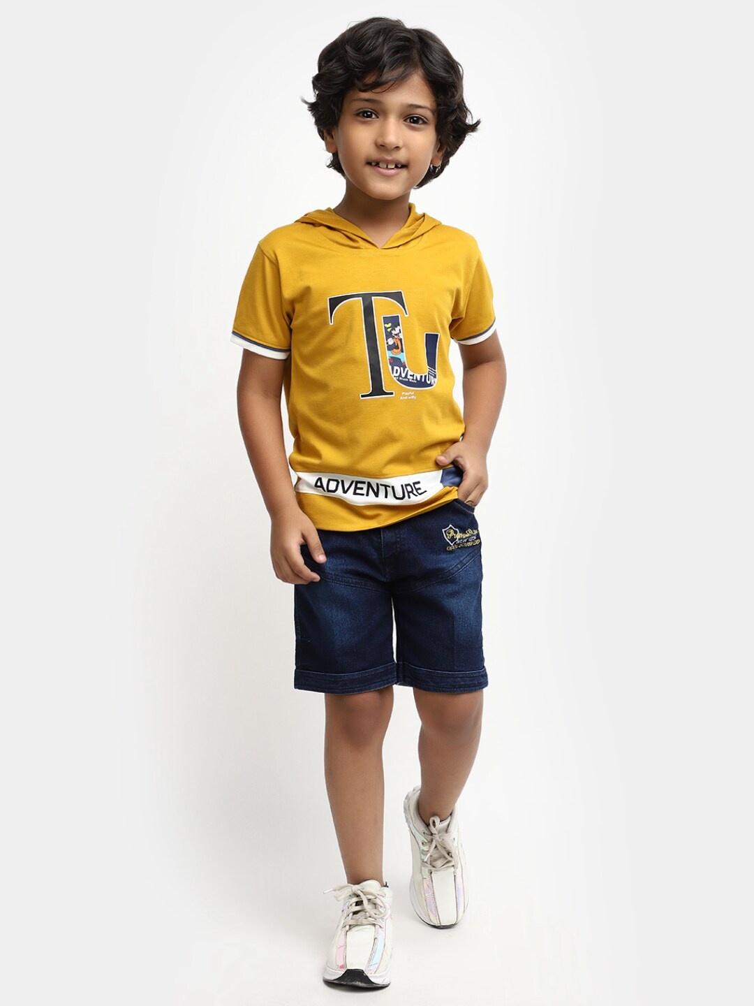 

V-Mart Boys Printed Hooded Pure Cotton T-shirt With Denim Shorts, Yellow