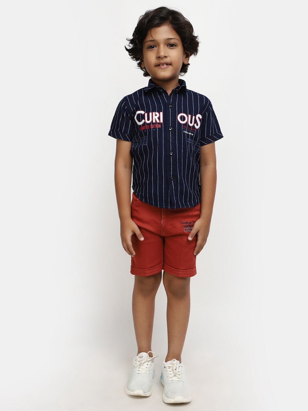 

V-Mart Kids Striped Pure Cotton Shirt With Shorts Clothing Set, Navy blue