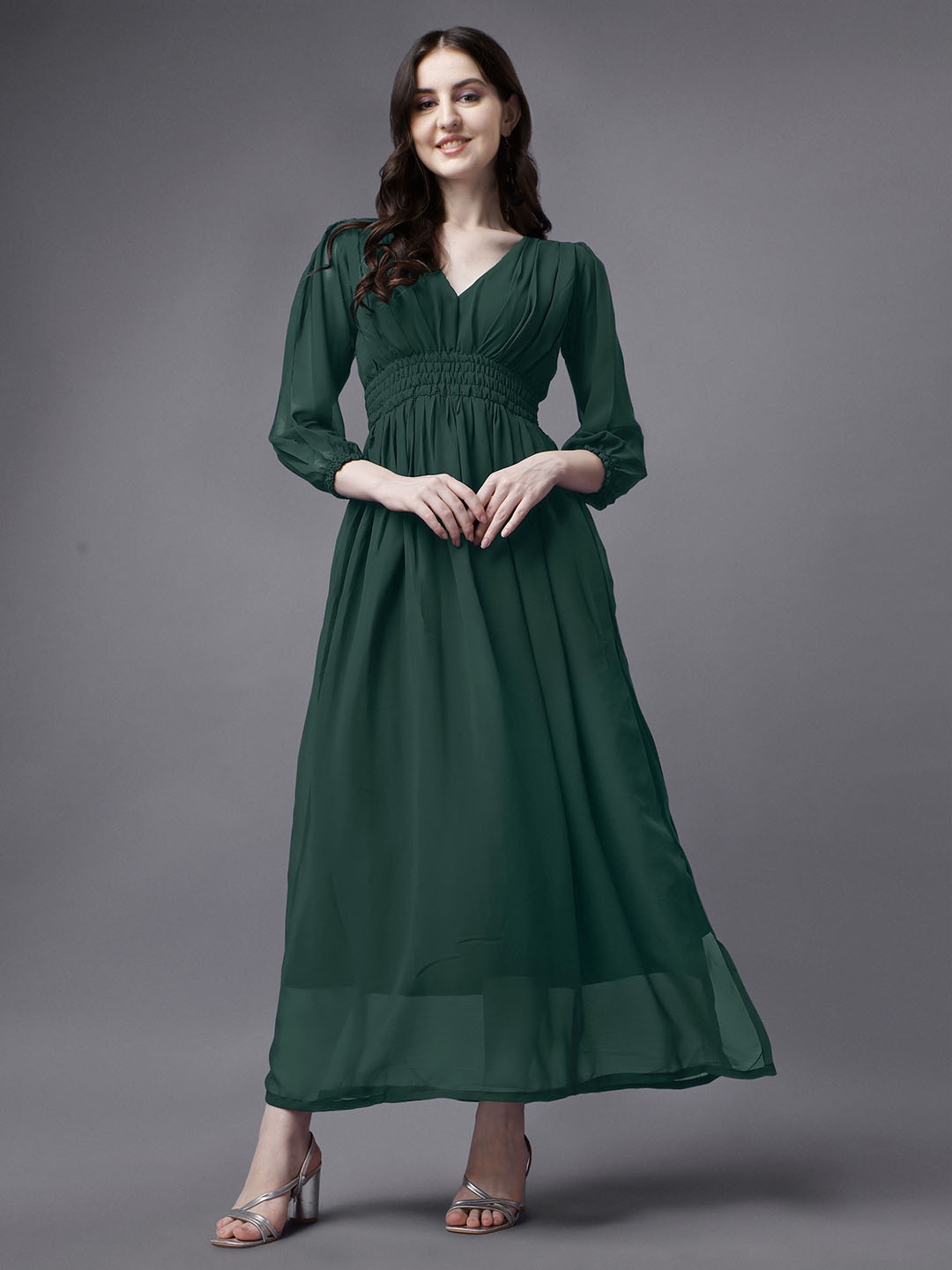 

Femvy V-Neck Puff Sleeves Smocked Georgette Maxi Dress, Green