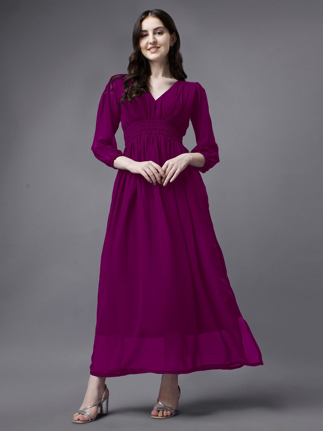 

Femvy Georgette V-Neck Cuffed Sleeves Maxi Dress With Side Slit, Magenta