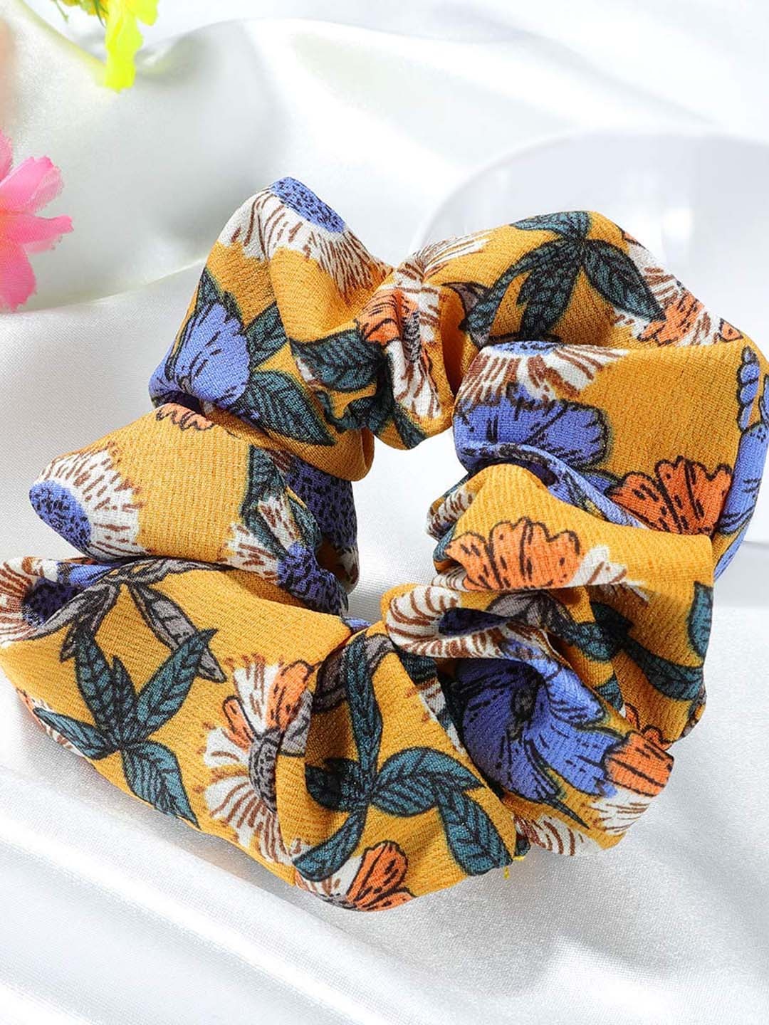 

CHANDERKASH Pack of 12 Floral Printed Ponytail Scrunchies, Mustard