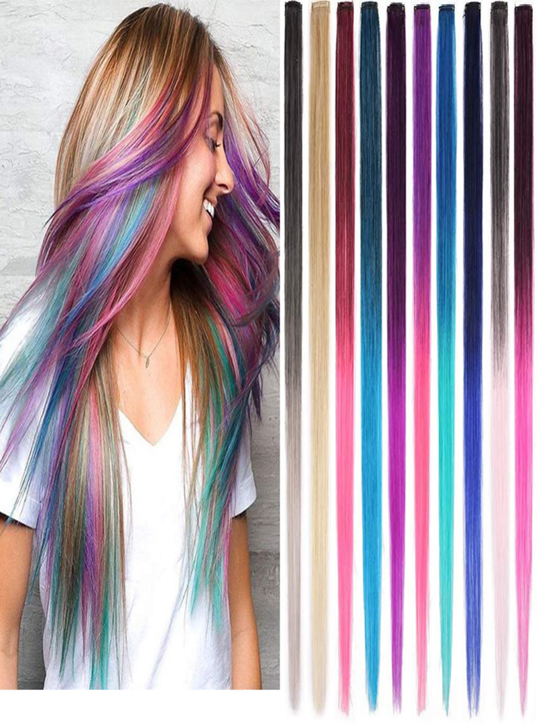 

CHANDERKASH Set of 10 Multicoloured Synthetic 24" Hair Extensions with Clips, Multi