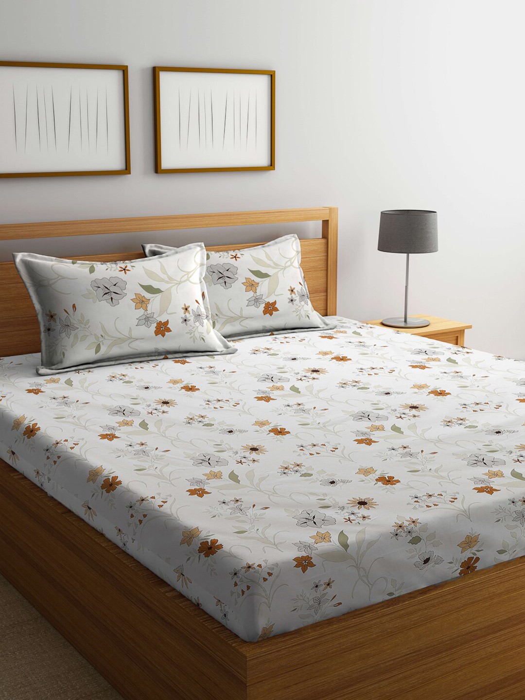 

FABINALIV White & Brown Floral Cotton 300 TC King Bedsheet With 2 Pillow Covers