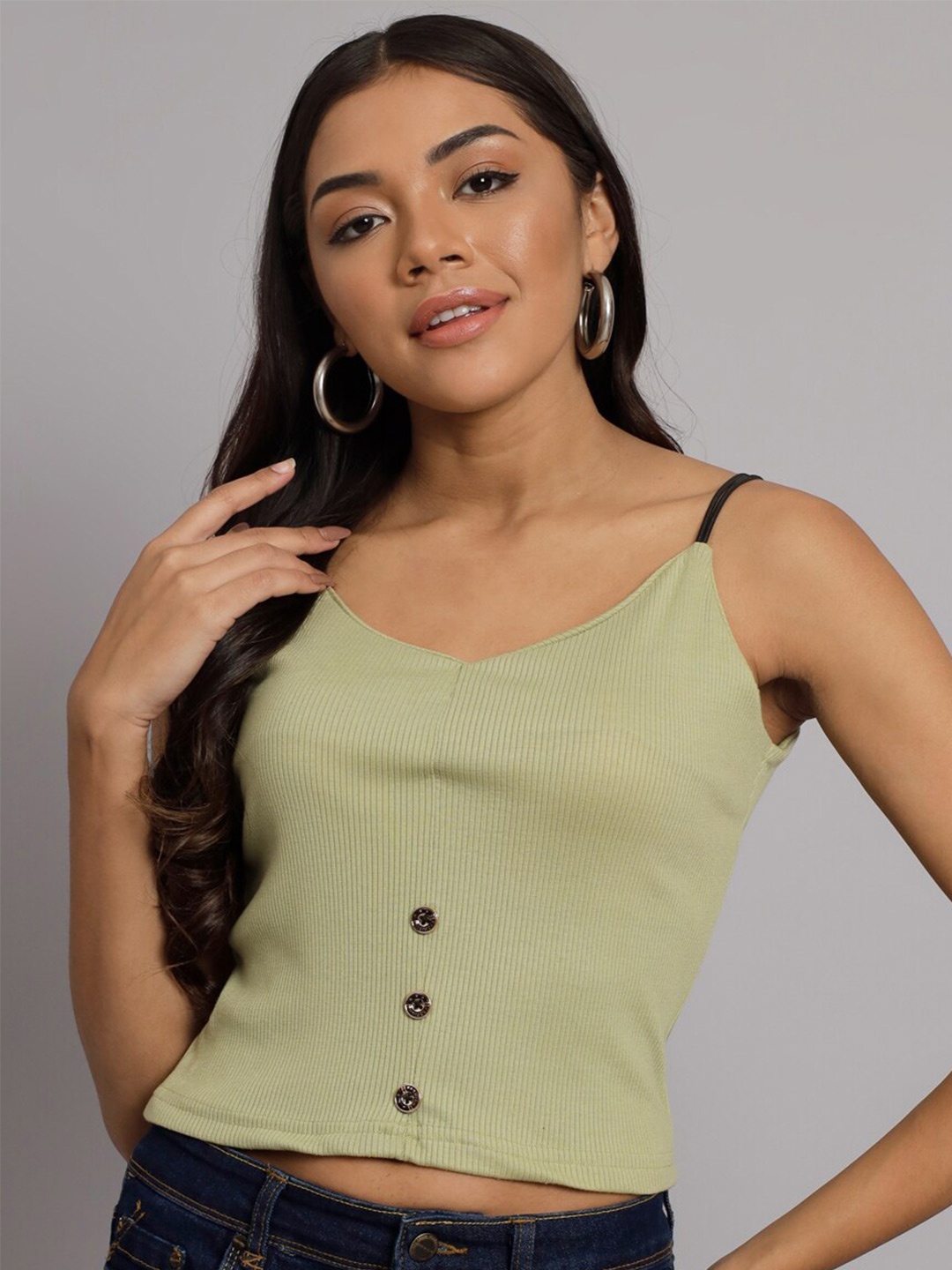 

BROOWL Shoulder Straps Cotton Regular Crop Top, Olive