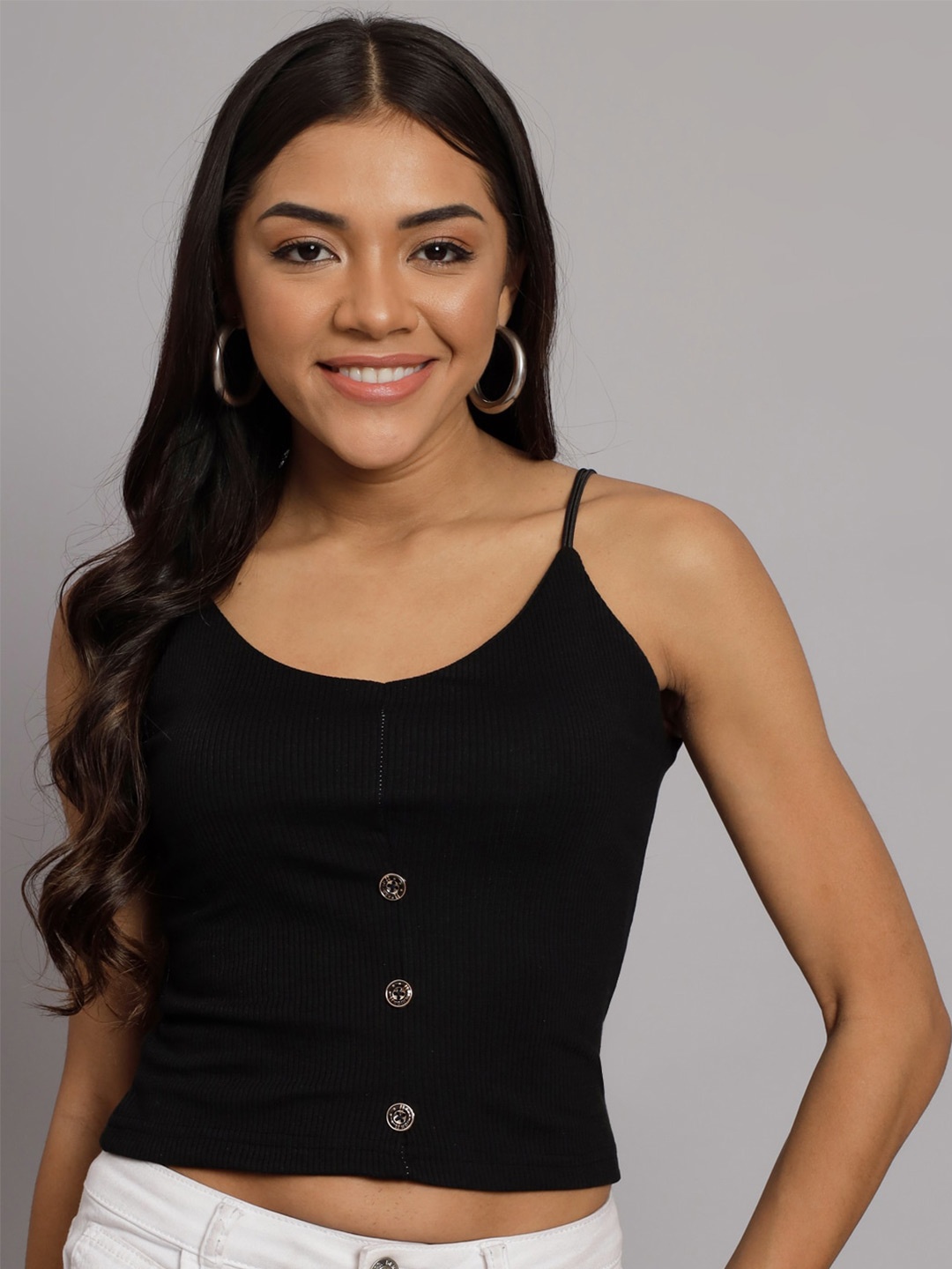 

BROOWL Shoulder Straps Cotton Regular Crop Top, Black