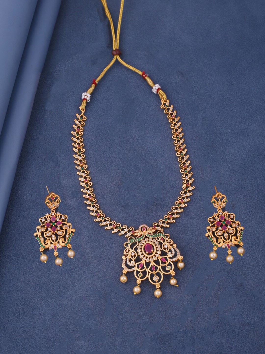 

ROFARWORD Gold-Plated Stone-Studded & Beaded Jewellery Set