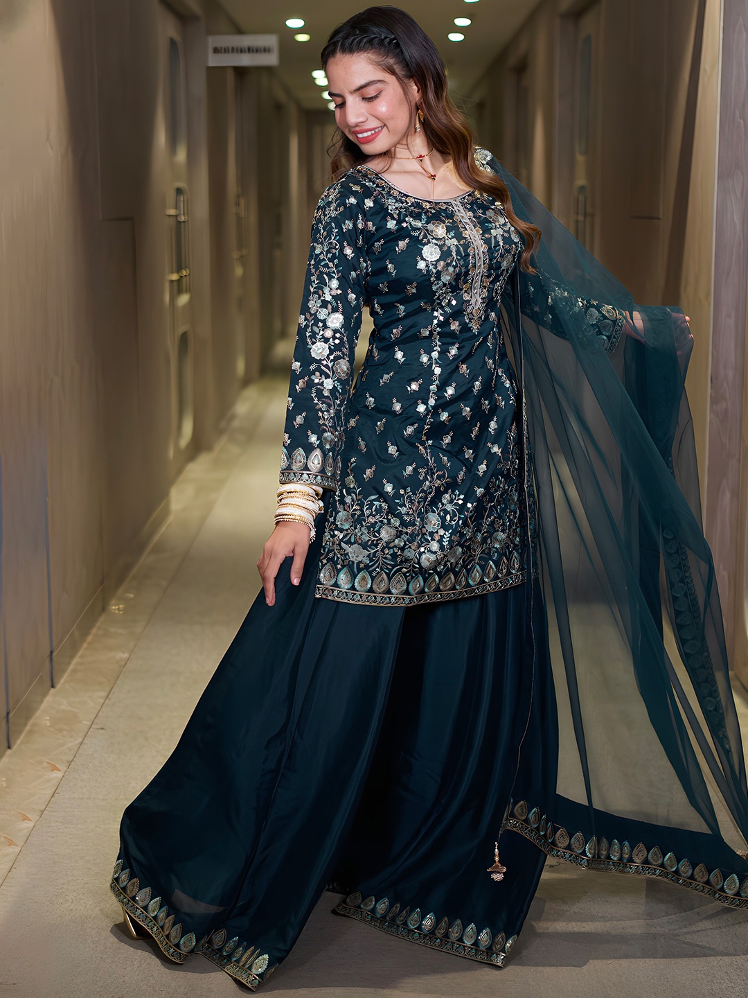 

Libas Art Sequinned Pure Silk Kurti with Palazzos & With Dupatta, Teal