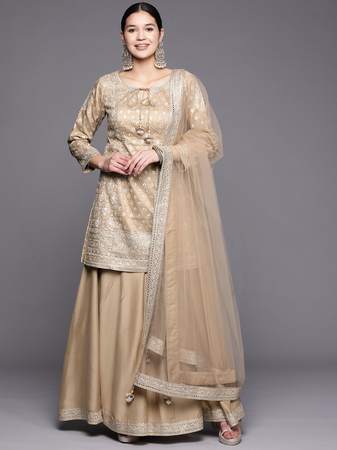 

Libas Art Embroidered Regular Pure Silk Kurti with Skirt & Dupatta, Beige