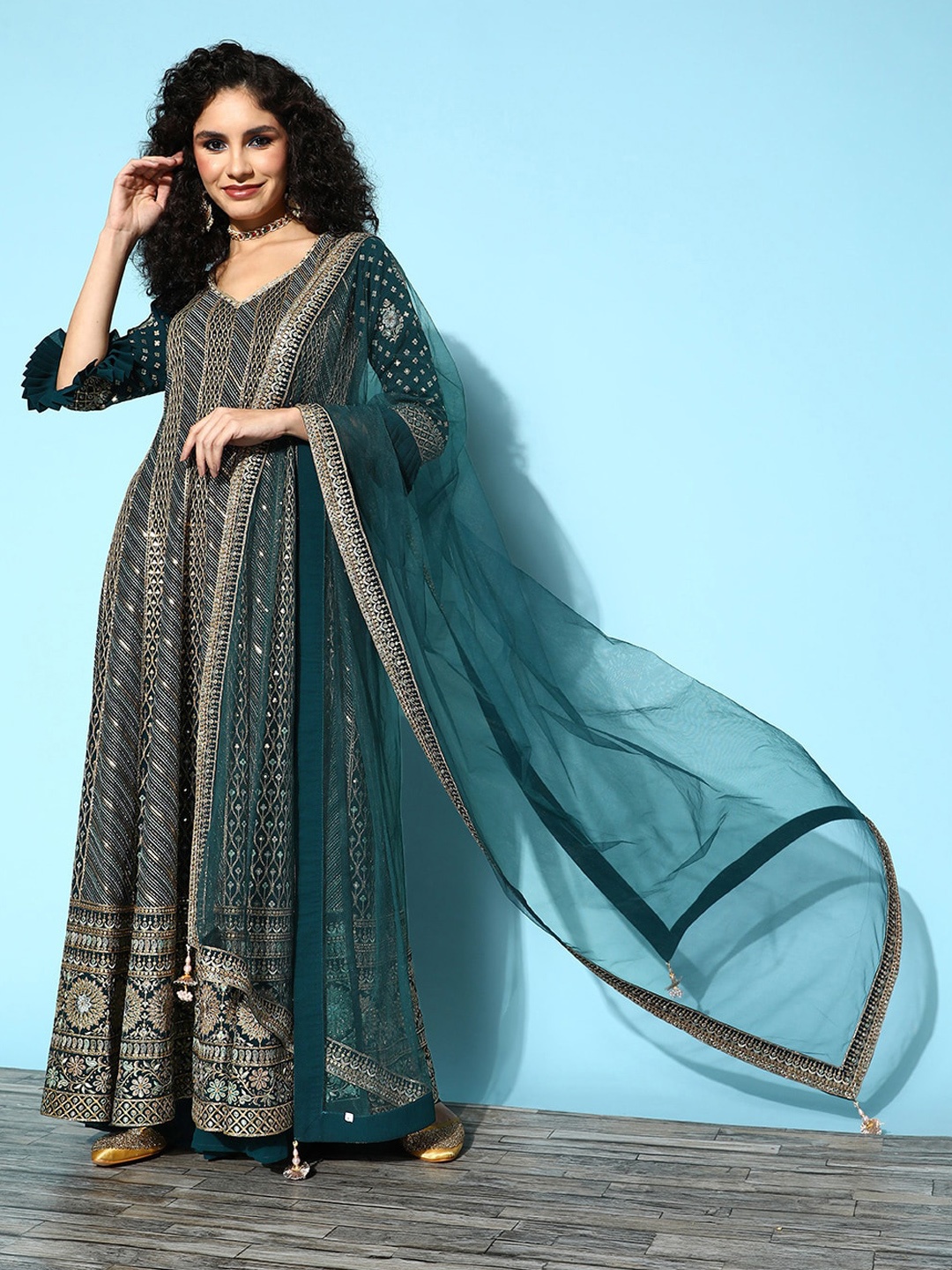 

Libas Art Floral Embroidered Sequinned Kurta With Palazzos & With Dupatta, Teal