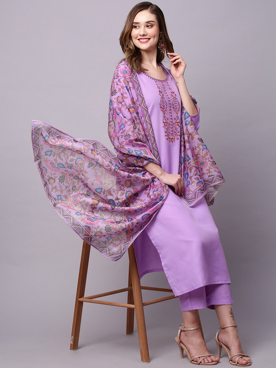 

KALINI Floral Yoke Design Thread Work Kurta & Trousers With Dupatta, Purple