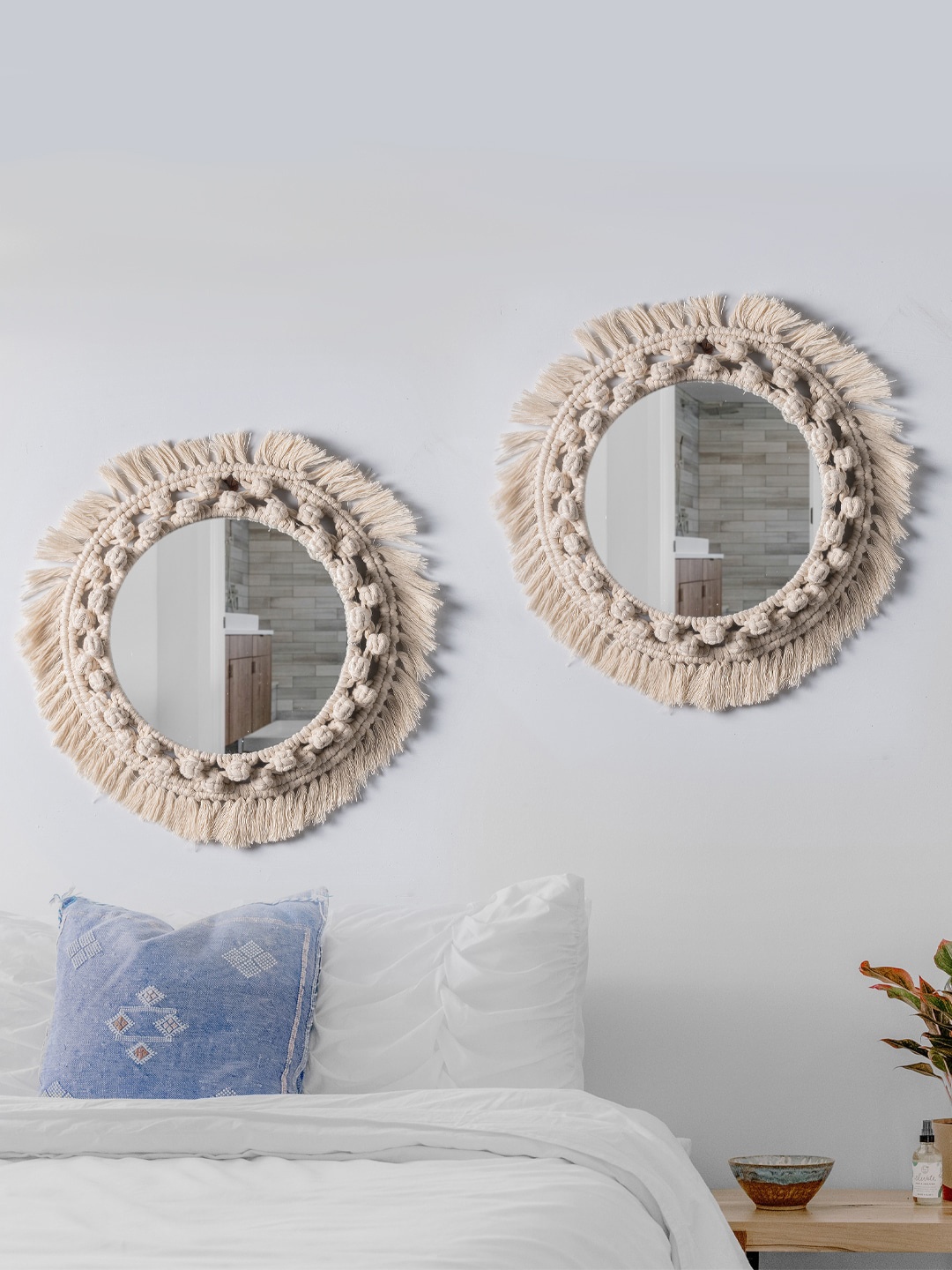 

Decazone Beige 2 Pieces Round Macrame Mirror Wall Decor