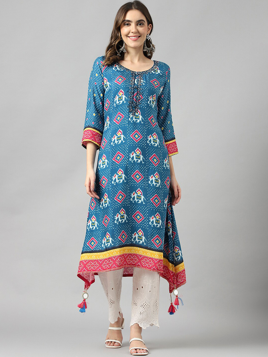 

Sangria Ethnic Motifs Printed Asymmetric Hem Thread Work Cotton A-Line Kurta, Blue