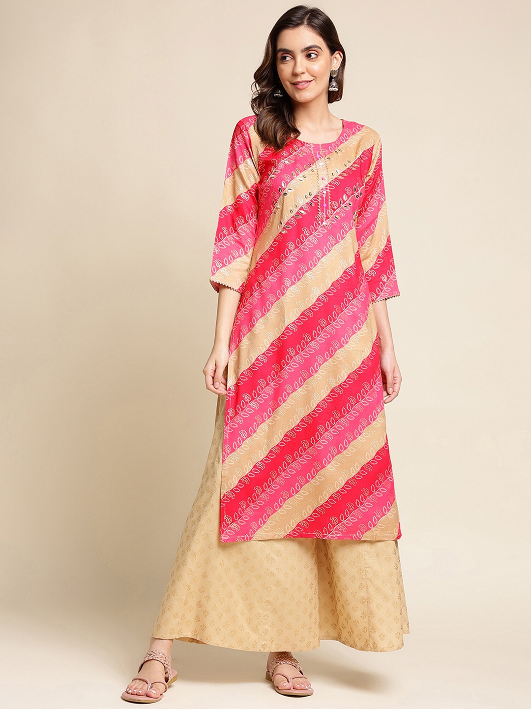 

Sangria Floral Printed & Mirror Work Straight Kurta, Pink