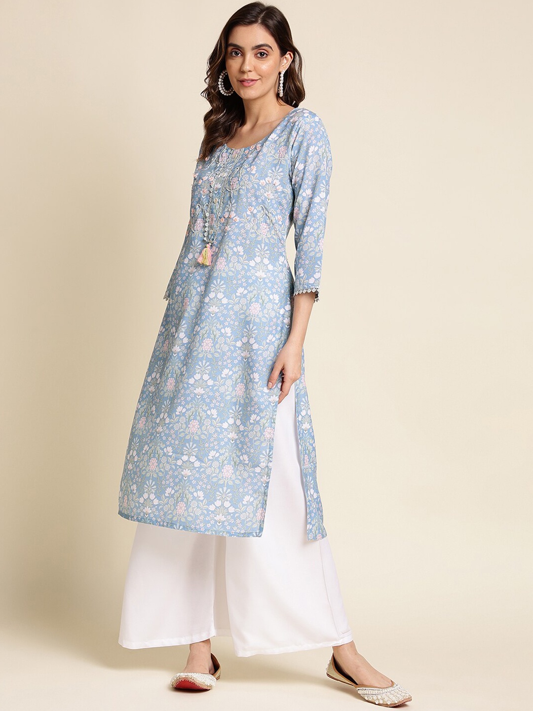 

Sangria Floral Printed & Beads and Stones Embellished Straight Kurta, Blue