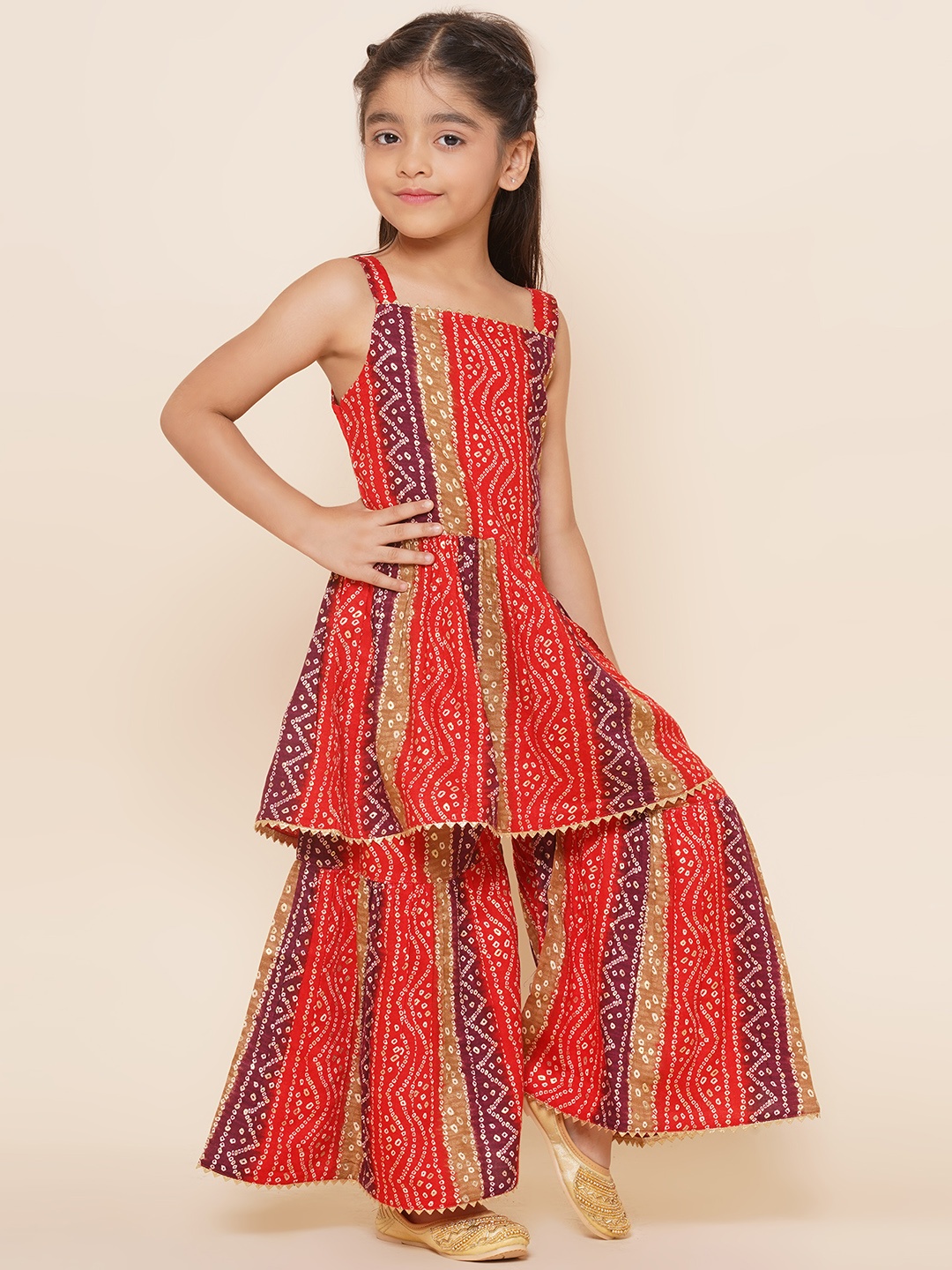 

Aj DEZInES Girls Bandhani Printed Regular Pure Cotton Kurti With Sharara, Red