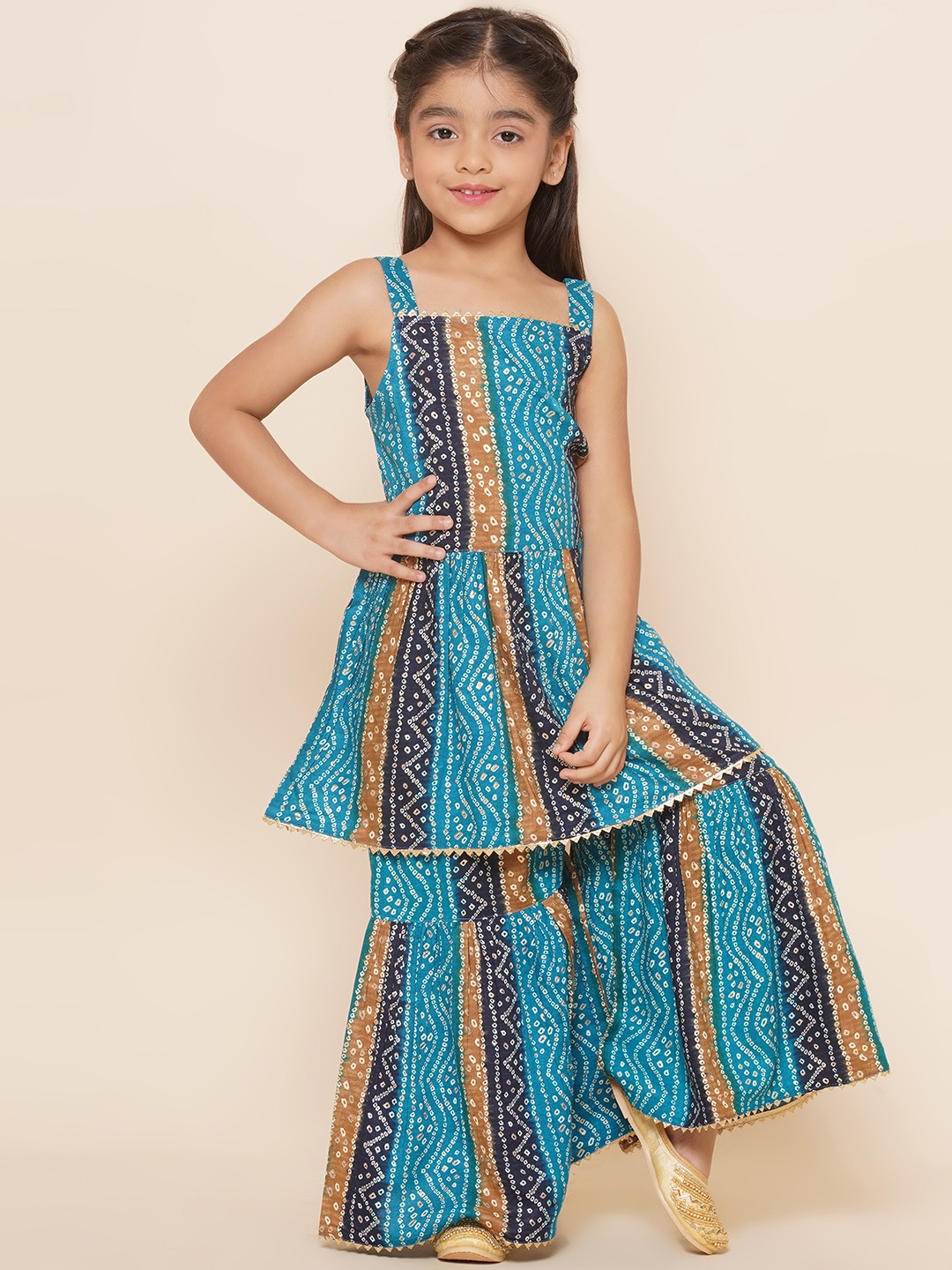 

Aj DEZInES Girls Bandhani Printed Regular Pure Cotton Kurti With Sharara, Blue