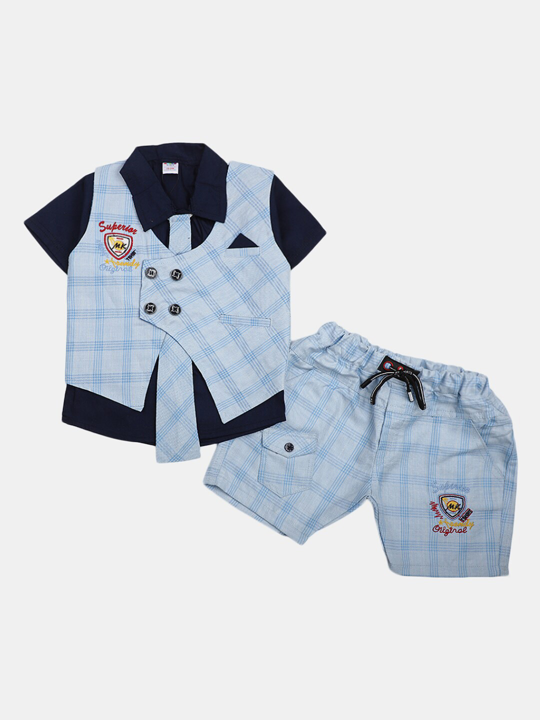 

V-Mart Infants Checked Twill Pure Cotton Shirt With Shorts Clothing Set, Navy blue