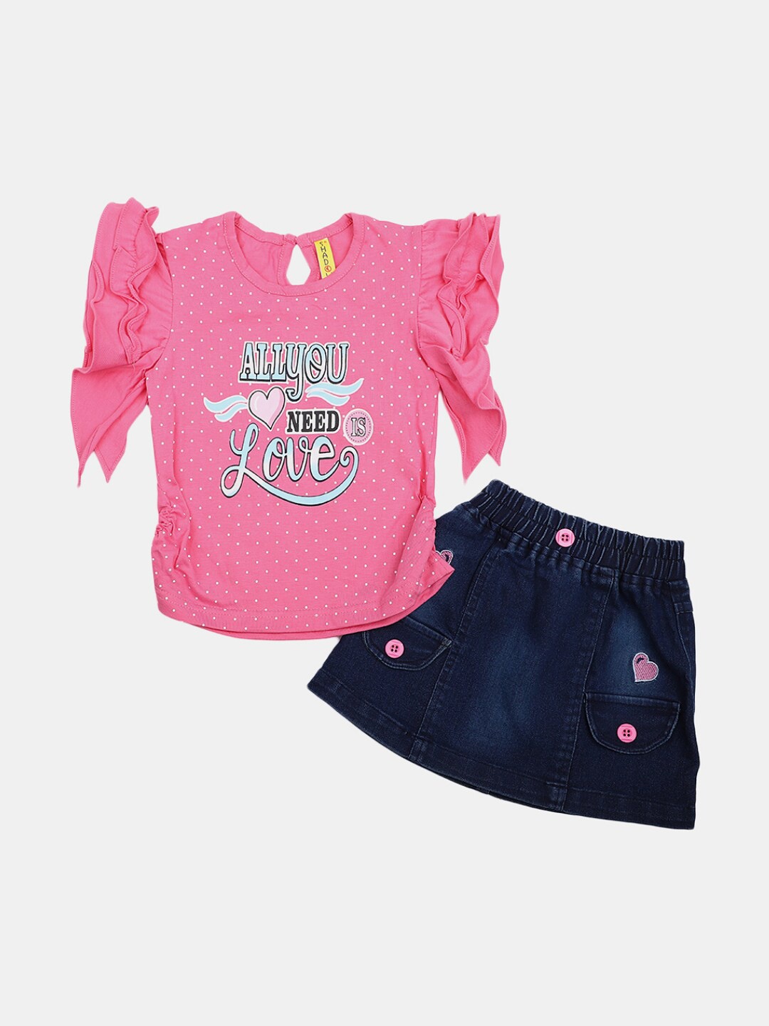 

V-Mart Infant Girls Printed Pure Cotton T-shirt With Denim Skirt, Pink