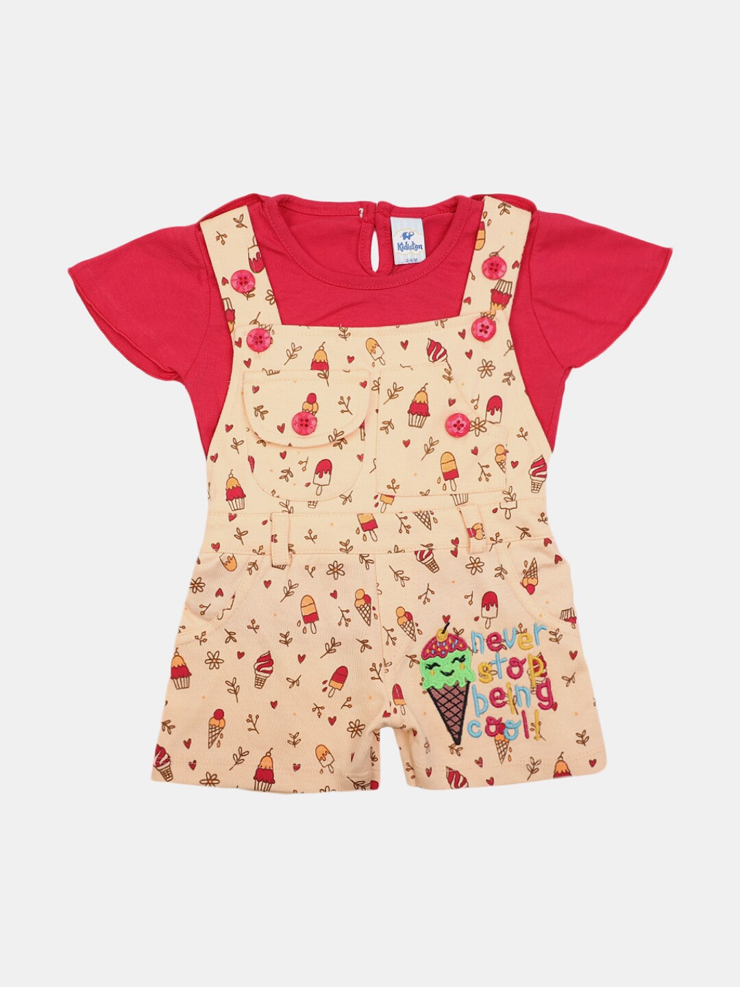 

V-Mart Kids Printed T-shirt with Dungarees, Pink