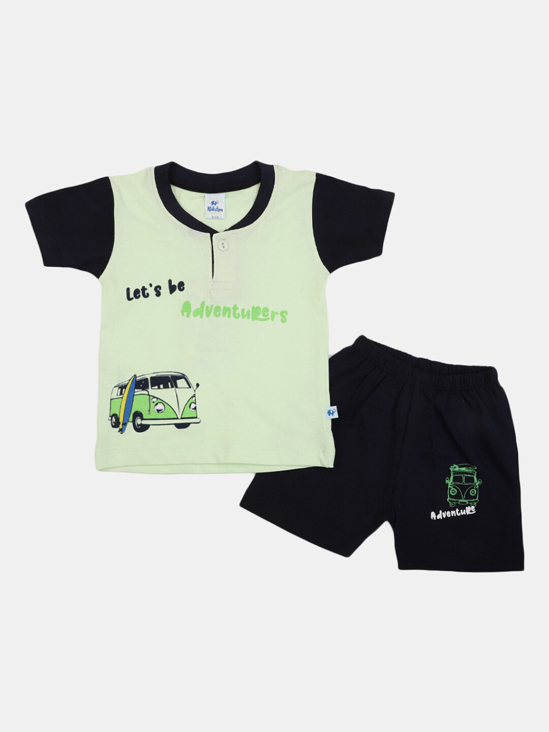 

V-Mart Infants Pure Cotton Printed Henley Neck T-shirt with Shorts, Green
