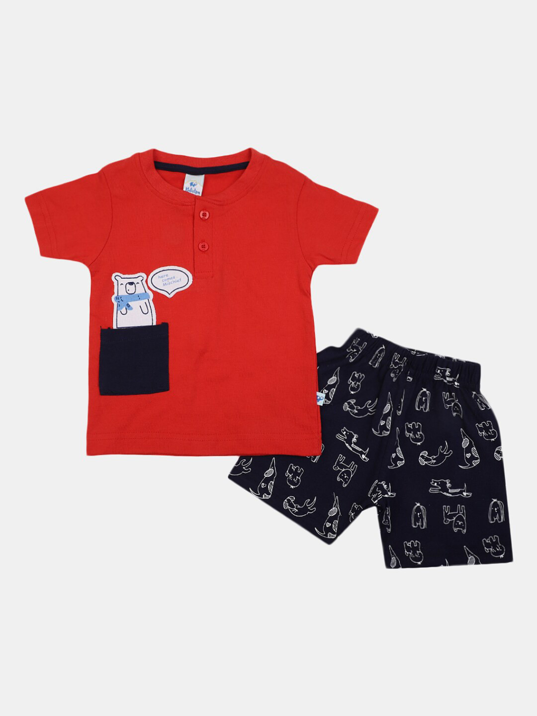 

V-Mart Boys Printed Pure Cotton T-Shirt With Shorts, Red