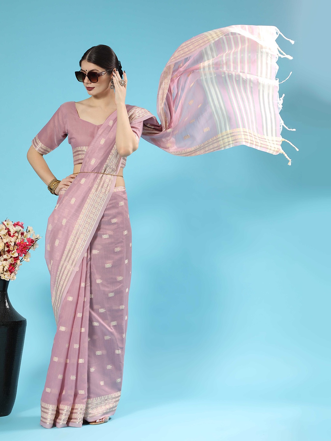 

Mitera Lavender & Cream-Coloured Ethnic Motif Woven Design Zari Saree