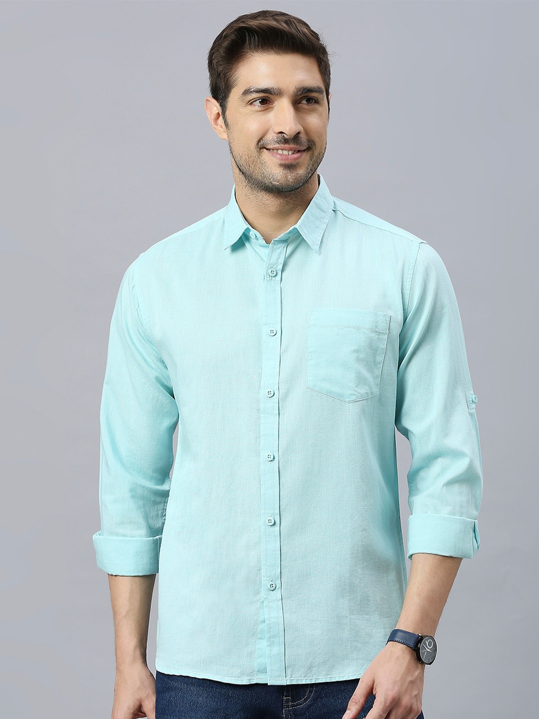

HERE&NOW Classic Slim Fit Opaque Cotton Linen Casual Shirt, Turquoise blue