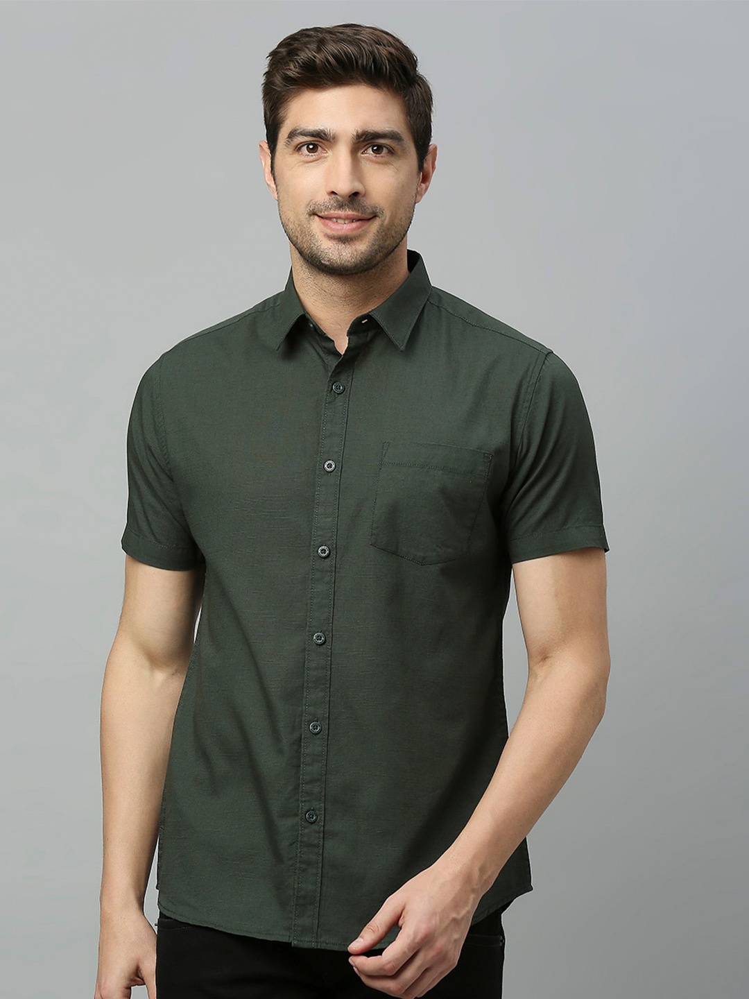 

HERE&NOW Classic Slim Fit Opaque Pure Cotton Casual Shirt, Green