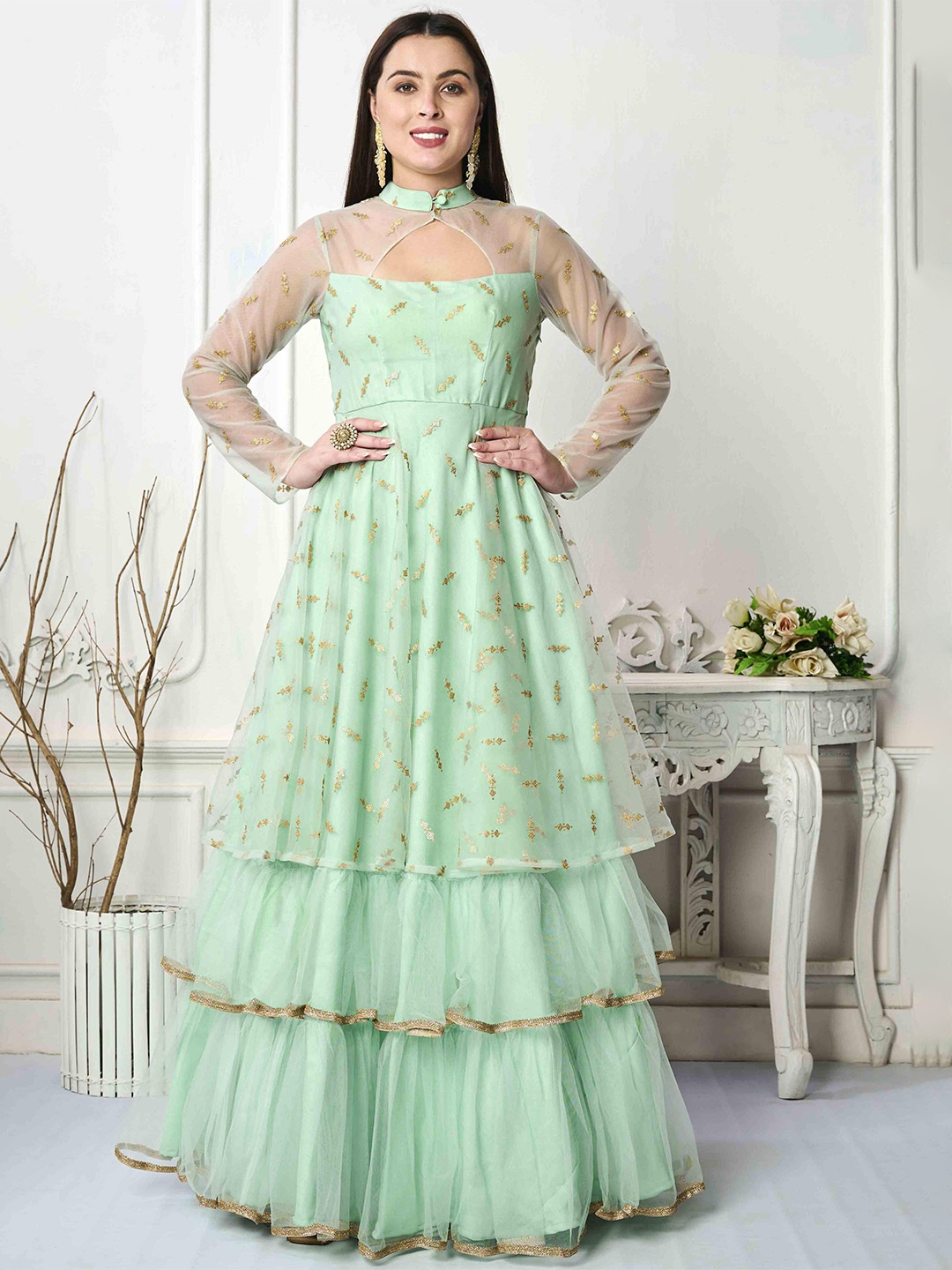 

Ethnovog Sequinned Embellished Maxi Ethnic Dress, Green