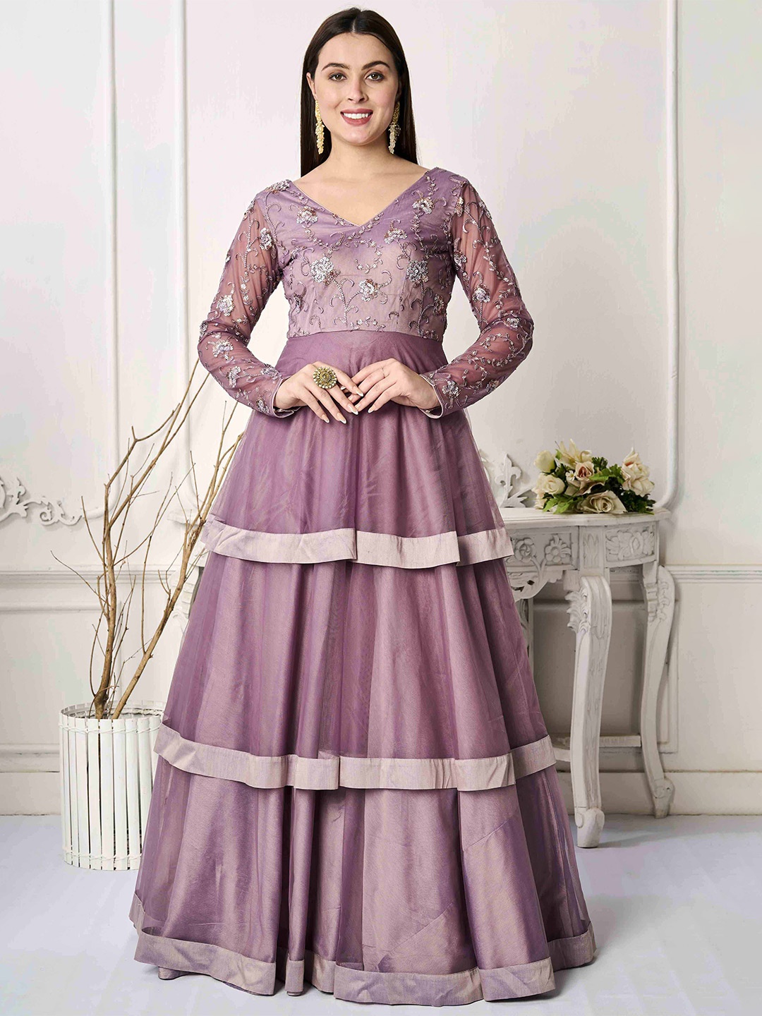 

Ethnovog Embellished V-Neck Sequinned Fit & Flare Dress, Purple