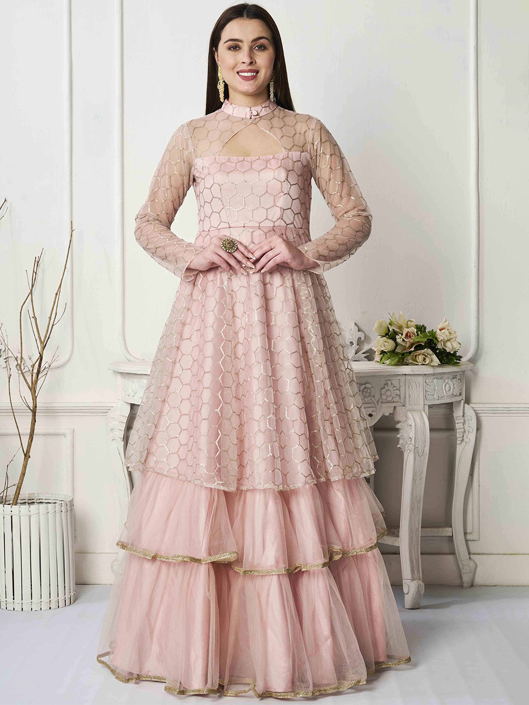 

Ethnovog Embellished Keyhole Neck Sequinned Fit & Flare Dress, Pink