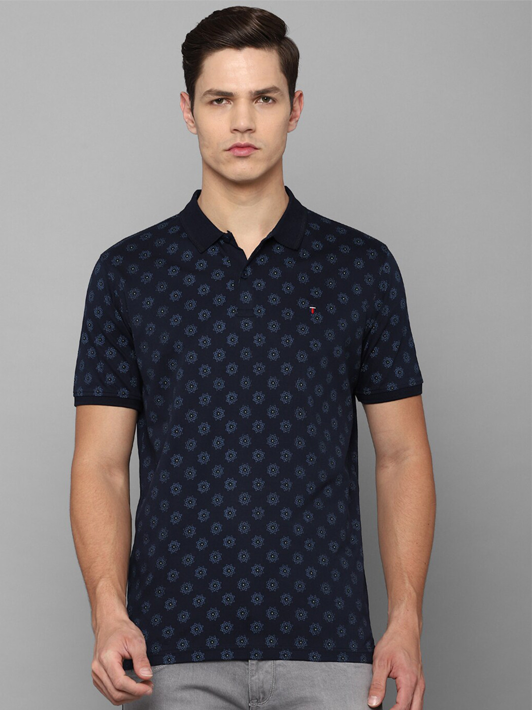 

Louis Philippe Sport Floral Printed Polo Collar Pure Cotton Slim Fit T-shirt, Navy blue