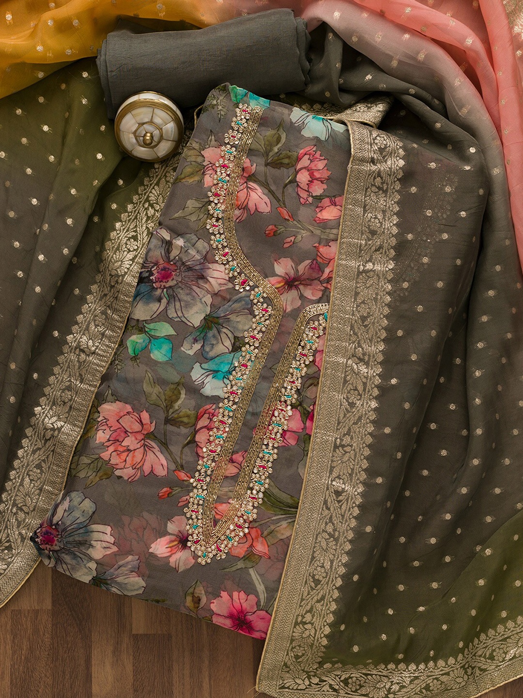 

Koskii Floral Printed Organza Semi-Stitched Dress Material, Grey
