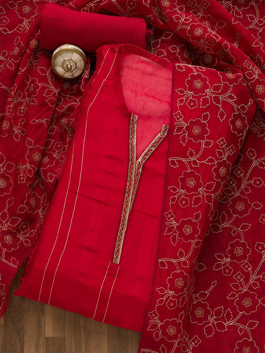 

Koskii Embroidered Unstitched Dress Material, Red