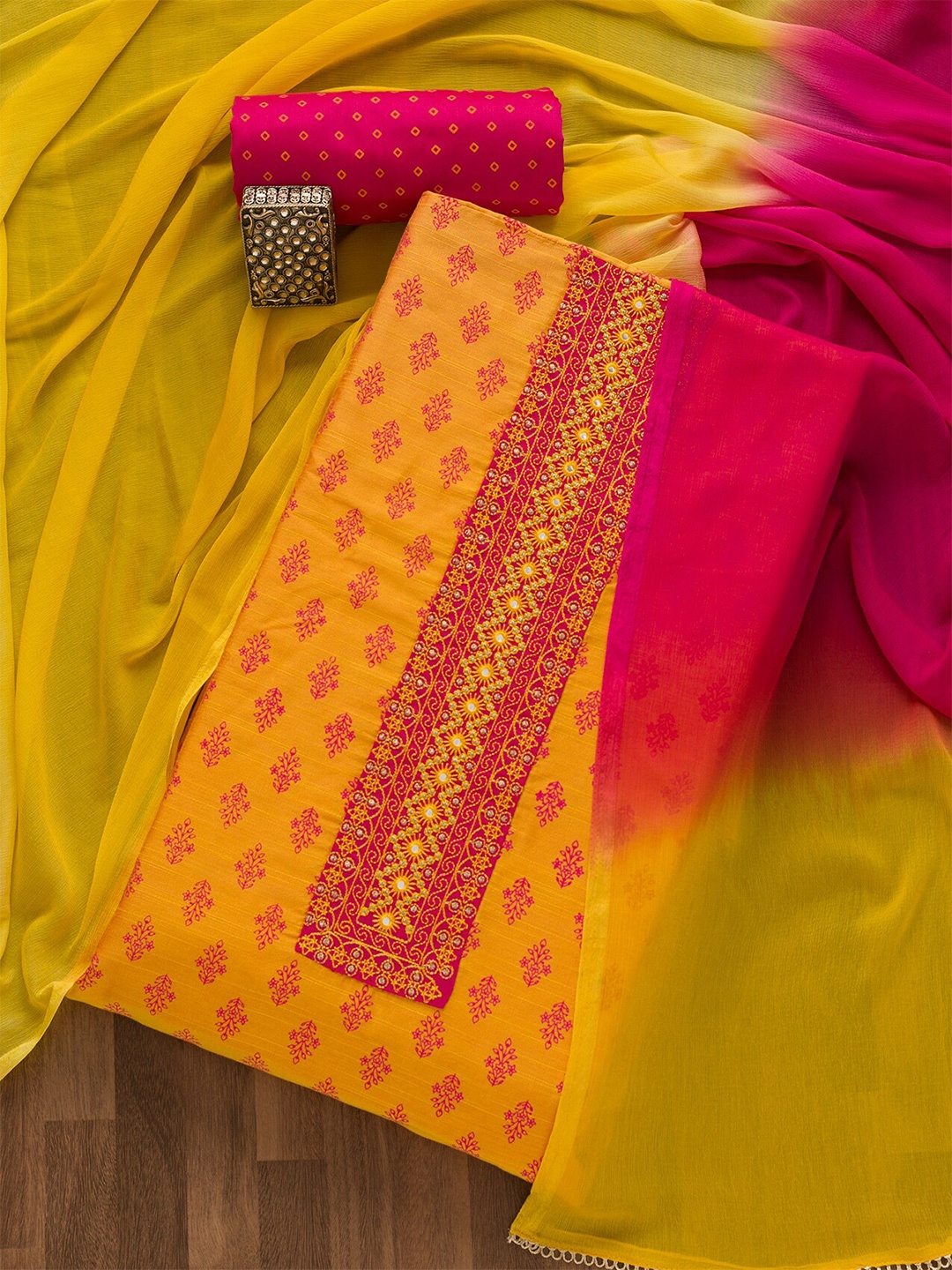

Koskii Printed Semi-Stitched Dress Material, Mustard