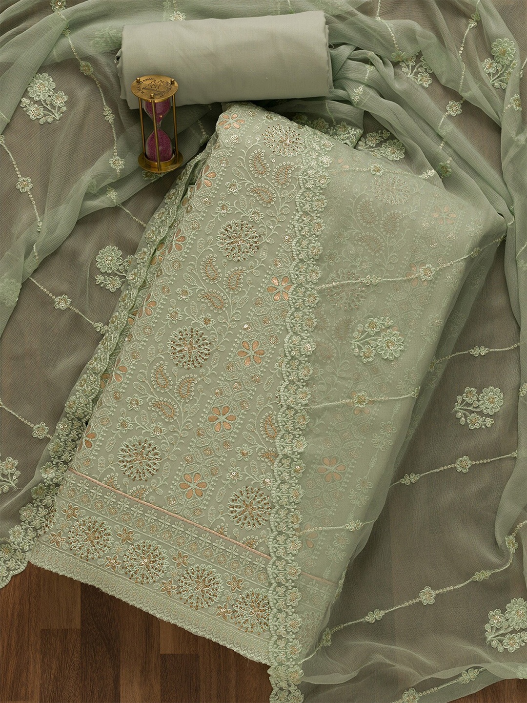Koskii Floral Embroidered Unstitched Dress Material, Green